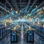 AI data center with rows of glowing servers and stock market charts
