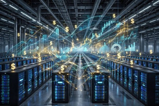 AI data center with rows of glowing servers and stock market charts