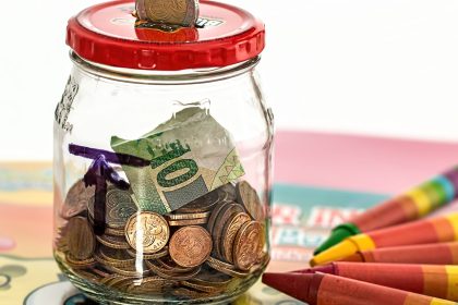 A piggy bank surrounded by coins and savings jars