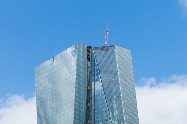 The stone facade of a central bank headquarters building in a financial district.