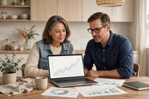 Couple in their fifties reviewing retirement savings and investment charts together