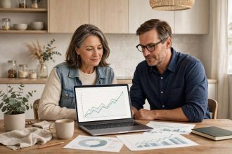 Couple in their fifties reviewing retirement savings and investment charts together