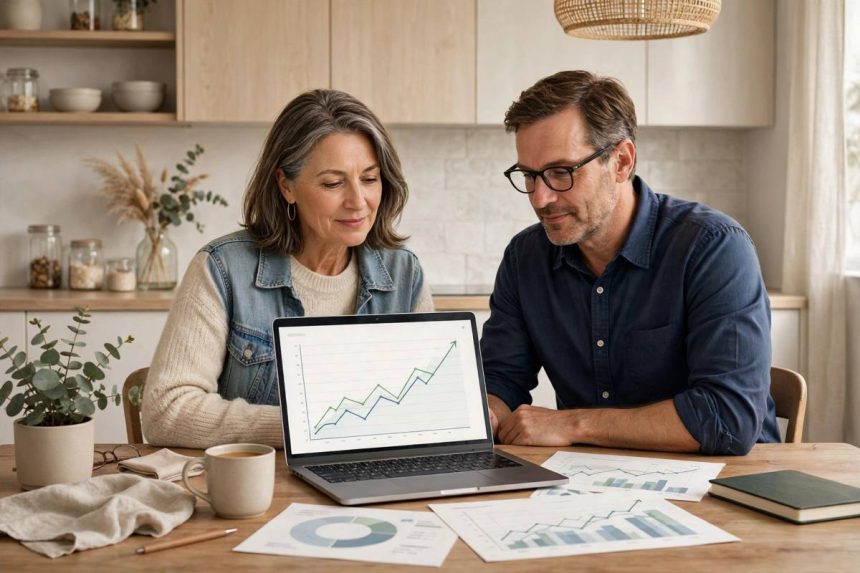 Couple in their fifties reviewing retirement savings and investment charts together