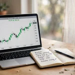 Stock market chart with rising green candles on a laptop screen