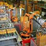 Industrial robots automating a factory production line