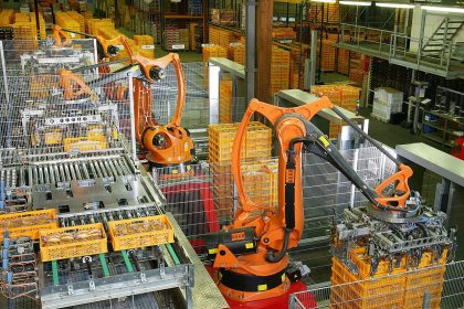 Industrial robots automating a factory production line