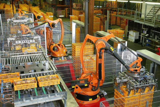 Industrial robots automating a factory production line