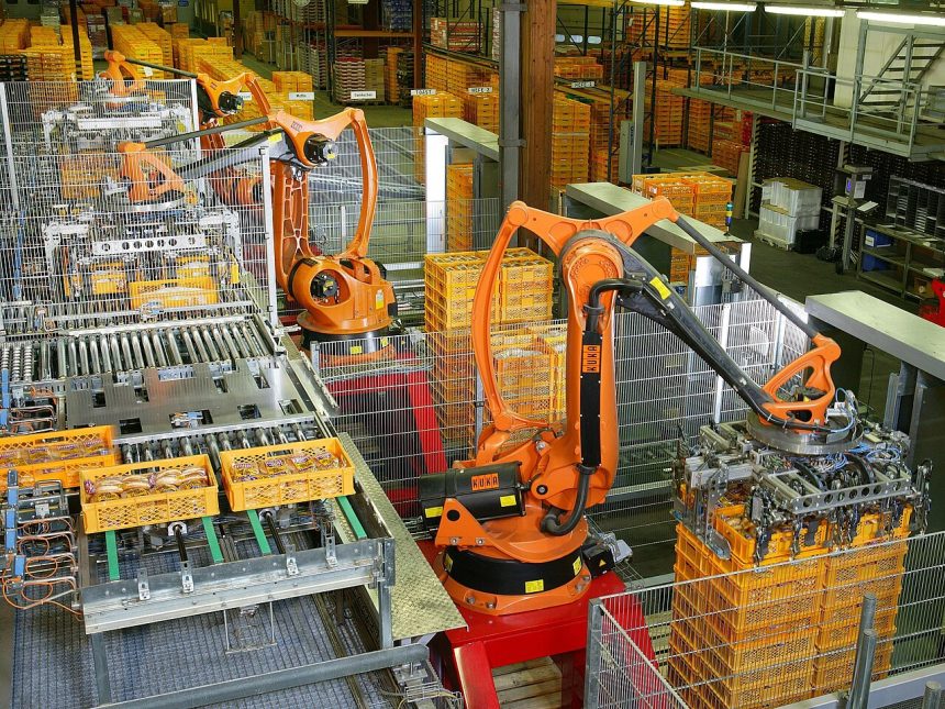 Industrial robots automating a factory production line