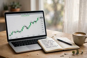 Stock market chart with rising green candles on a laptop screen