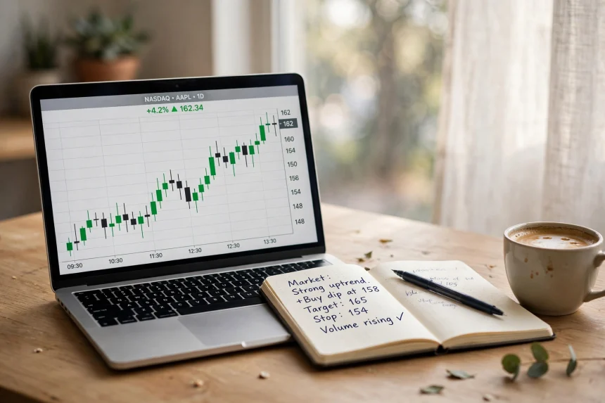 Stock market chart with rising green candles on a laptop screen