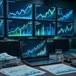 Trading screens showing company earnings charts and market data
