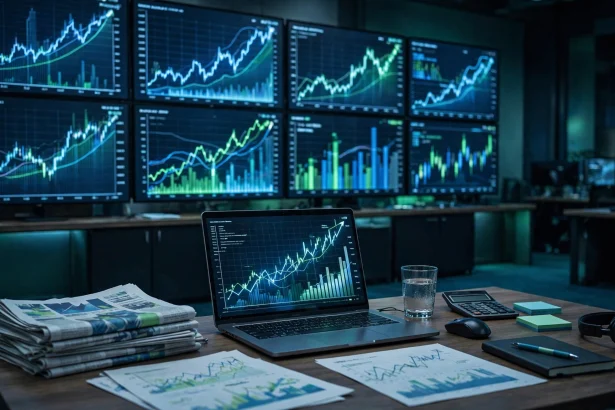 Trading screens showing company earnings charts and market data