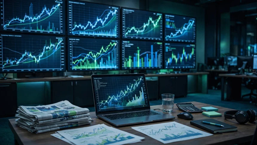 Trading screens showing company earnings charts and market data